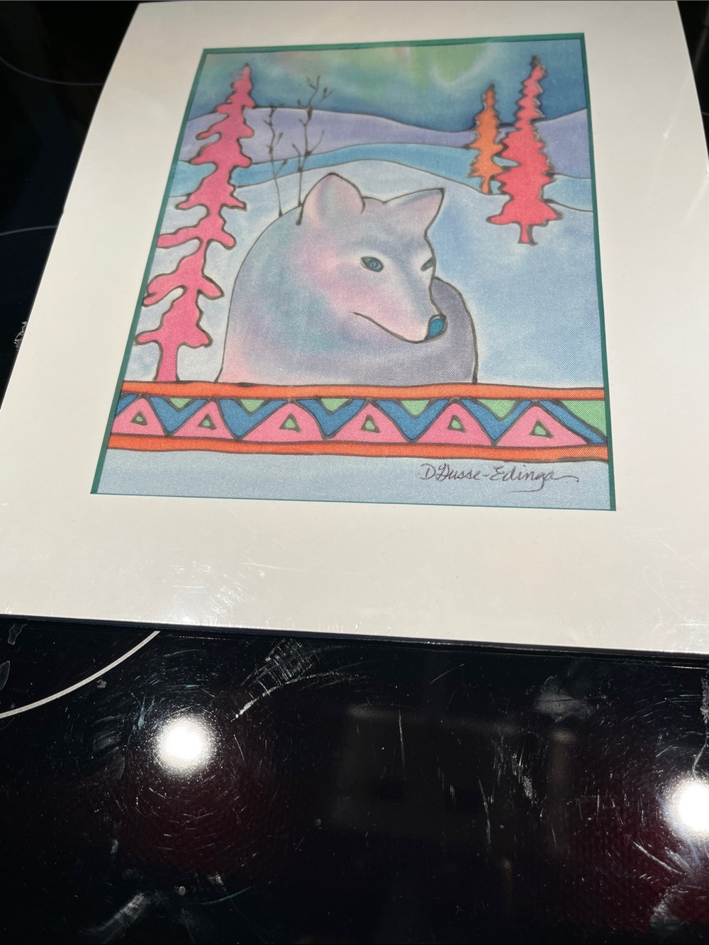Silk print of wolf still in original packaging. By Darcy Edinga of Red Deer. NWT
